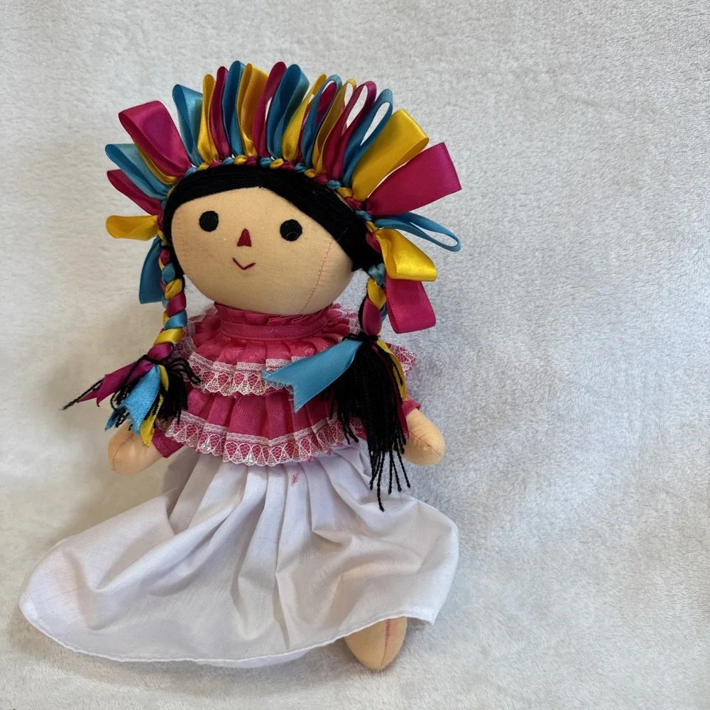 Handmade Folk Art Doll Mexican Inspired Textile Doll Colorful Ribbon‎ Hair Dress